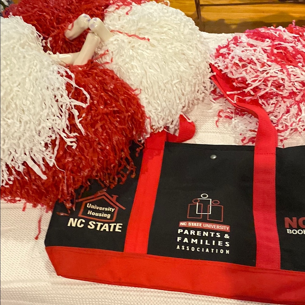 NC State University Tote Bag with Red and Black Design & 5 Pom Poms